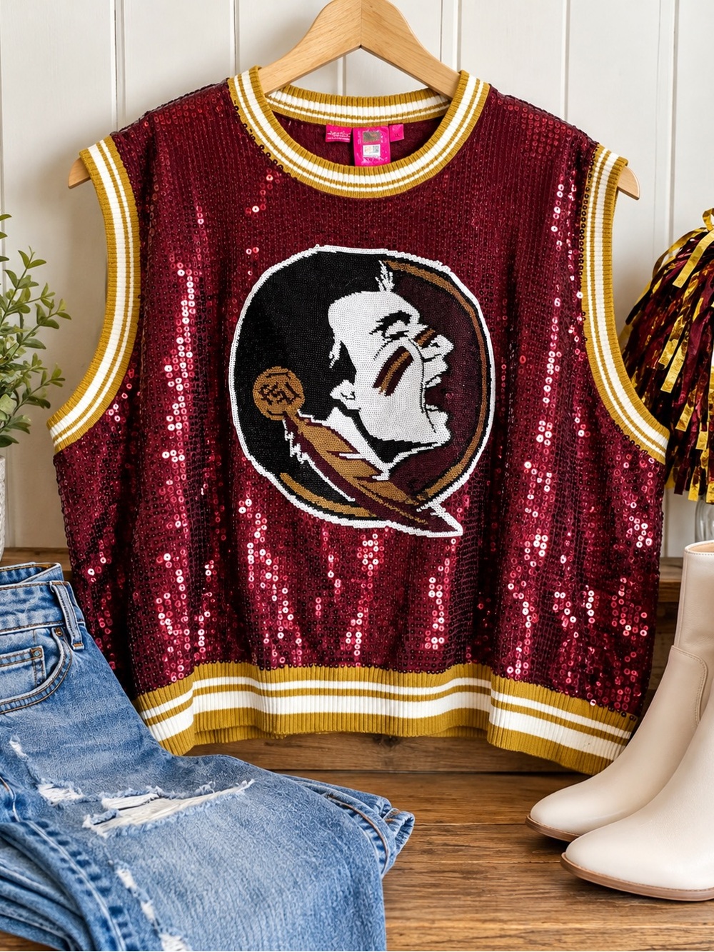 QUEEN OF SPARKLES Maroon Sequin Sleeveless Crew with Gold Trim